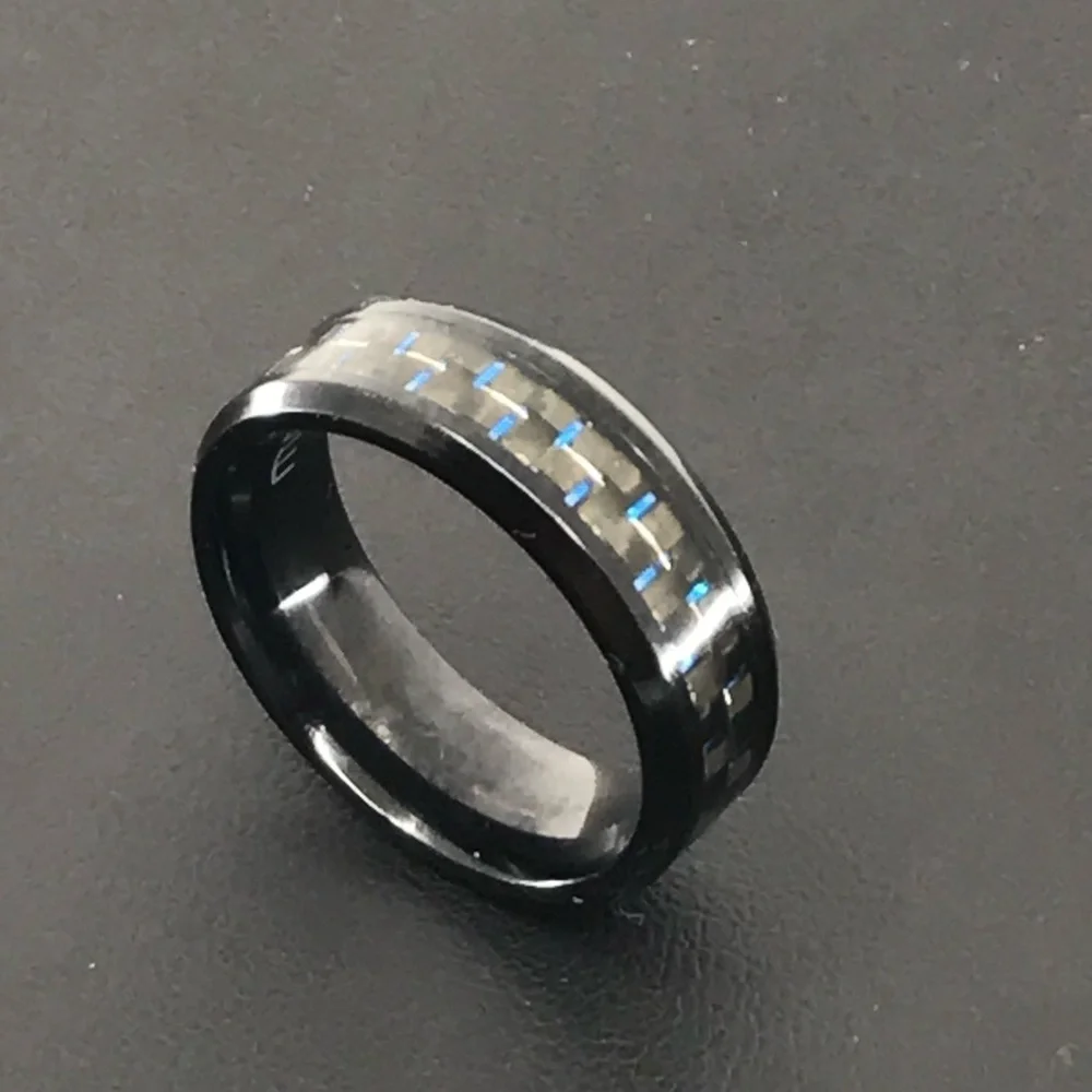 Mens Black Ceramic Carbon Fiber Stainless Steel Ring With Blue Accents Size 11.5